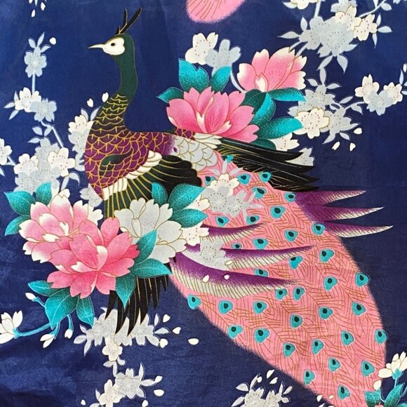 Peacock & Cherry Blossom Asian Inspired Silky Kimono Robe Navy Tik Tok Mini-M/L - Picture 8 of 10